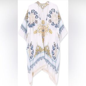 Bohemian Floral Kimono with Blue and Yellow Accents Festival Summer Tren…